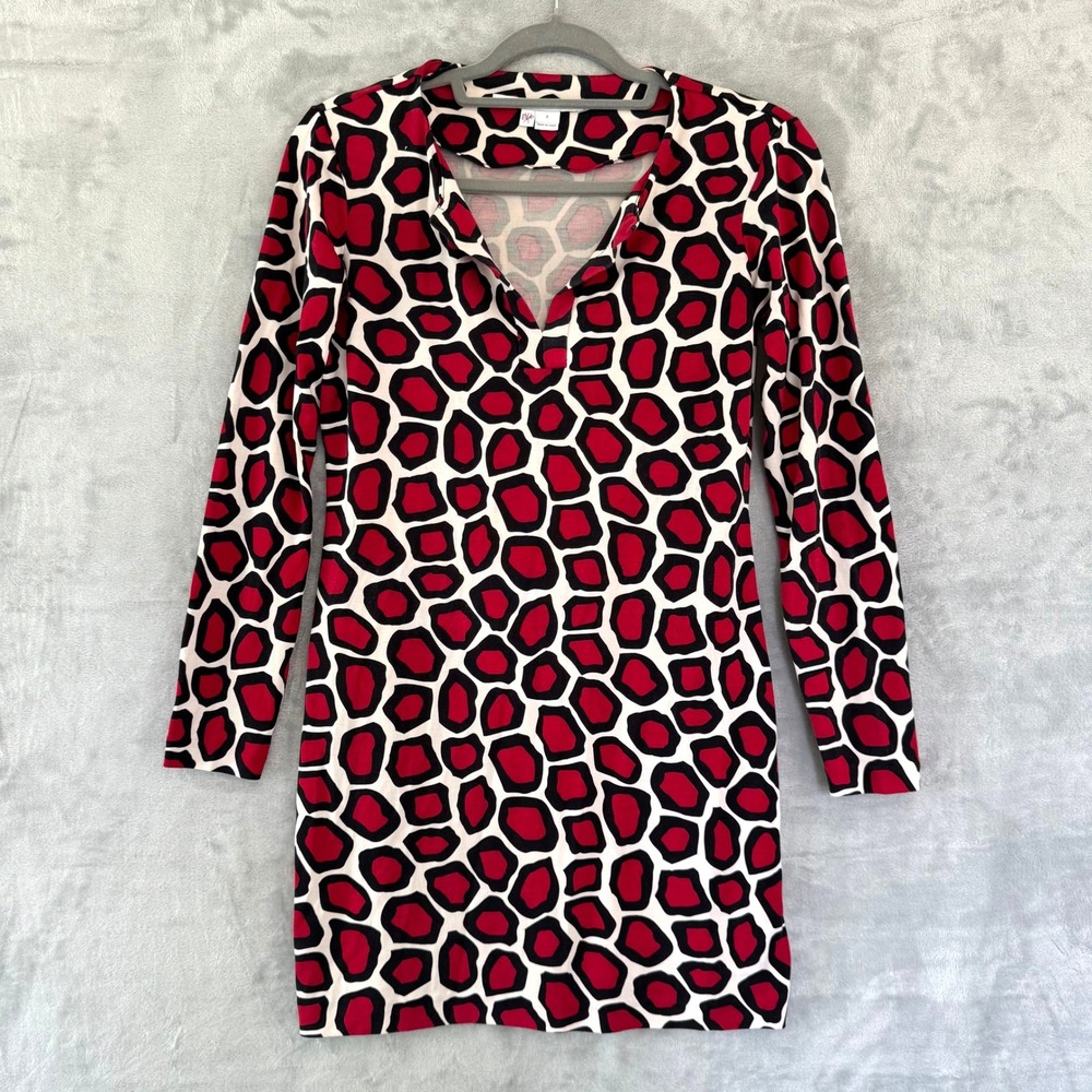 Diane von Furstenberg Reina Red Black Geometric Silk Jersey Mini Dress Size 2 - Picture 1 of 14